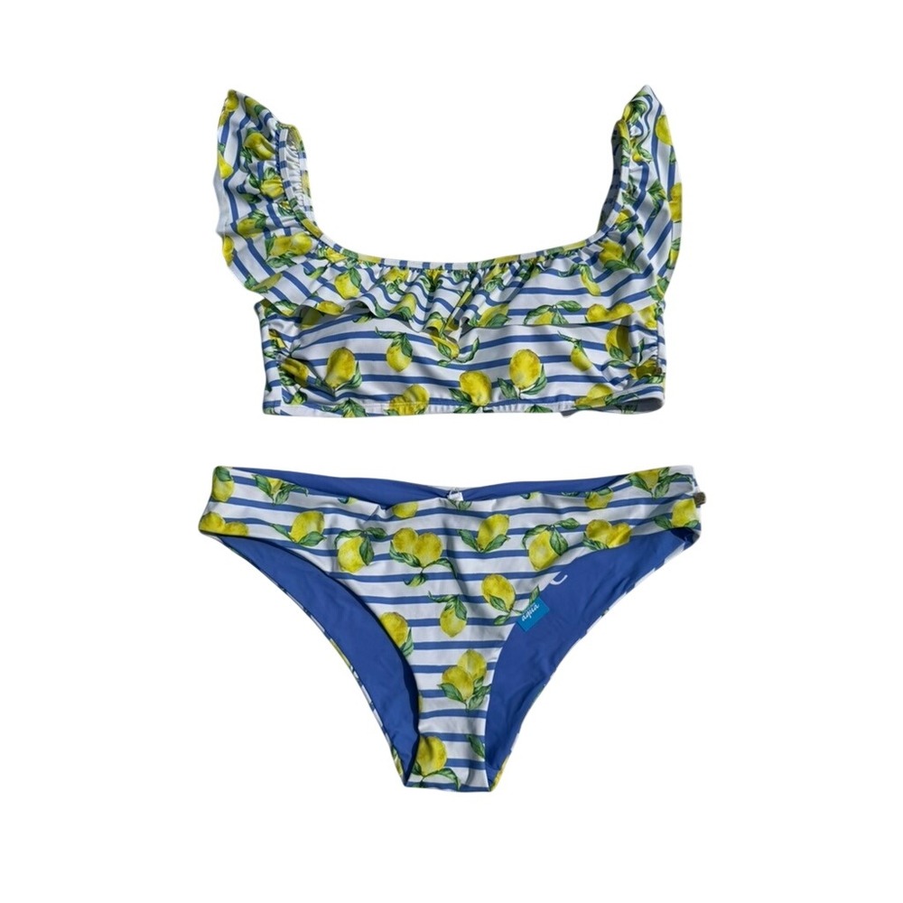 NWT Lemon Print Ruffle Bikini Set Blue White Stripe XL